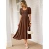 imageANRABESS Women Summer Casual Puff Short Sleeve Square Neck Smocked Button Up High Waist Flowy Vacation Midi Dresses amp PocketsBrown