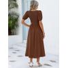 imageANRABESS Women Summer Casual Puff Short Sleeve Square Neck Smocked Button Up High Waist Flowy Vacation Midi Dresses amp PocketsBrown