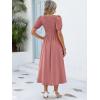 imageANRABESS Women Summer Casual Puff Short Sleeve Square Neck Smocked Button Up High Waist Flowy Vacation Midi Dresses amp PocketsDusty Rose