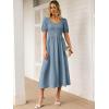 imageANRABESS Women Summer Casual Puff Short Sleeve Square Neck Smocked Button Up High Waist Flowy Vacation Midi Dresses amp PocketsGrey Blue