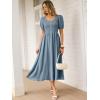 imageANRABESS Women Summer Casual Puff Short Sleeve Square Neck Smocked Button Up High Waist Flowy Vacation Midi Dresses amp PocketsGrey Blue