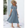 imageANRABESS Women Summer Casual Puff Short Sleeve Square Neck Smocked Button Up High Waist Flowy Vacation Midi Dresses amp PocketsGrey Blue