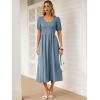 imageANRABESS Women Summer Casual Puff Short Sleeve Square Neck Smocked Button Up High Waist Flowy Vacation Midi Dresses amp PocketsGrey Blue
