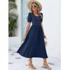 imageANRABESS Women Summer Casual Puff Short Sleeve Square Neck Smocked Button Up High Waist Flowy Vacation Midi Dresses amp PocketsNavy Blue