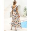 imageANRABESS Women V Neck Ruffle Sleeve Floral Pleated Maxi Dresses Summer Boho Belt Empire Waist Wedding Guest Party Flowy DressApricot Floral