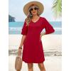 imageANRABESS Womens Summer Dresses 2026 Ruffle Sleeve V Neck Casual A Line Tshirt Mini Dress Beach Vacation Clothes with PocketsRed