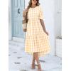 imageANRABESS Womens Summer Midi Dresses Casual 2026 Plaid Short Puff Sleeve High Low Flowy Beach Vacation Dress with PocketsKhaki White Plaid