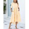 imageANRABESS Womens Summer Midi Dresses Casual 2026 Plaid Short Puff Sleeve High Low Flowy Beach Vacation Dress with PocketsKhaki White Plaid