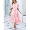 imageANRABESS Womens Summer Midi Dresses Casual 2026 Plaid Short Puff Sleeve High Low Flowy Beach Vacation Dress with PocketsPink White Plaid