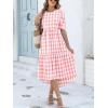 imageANRABESS Womens Summer Midi Dresses Casual 2026 Plaid Short Puff Sleeve High Low Flowy Beach Vacation Dress with PocketsPink White Plaid