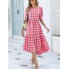 imageANRABESS Womens Summer Midi Dresses Casual 2026 Plaid Short Puff Sleeve High Low Flowy Beach Vacation Dress with PocketsRed White Plaid
