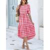 imageANRABESS Womens Summer Midi Dresses Casual 2026 Plaid Short Puff Sleeve High Low Flowy Beach Vacation Dress with PocketsRed White Plaid