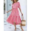 imageANRABESS Womens Summer Midi Dresses Casual 2026 Plaid Short Puff Sleeve High Low Flowy Beach Vacation Dress with PocketsRed White Plaid