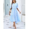 imageANRABESS Womens Summer Midi Dresses Casual 2026 Plaid Short Puff Sleeve High Low Flowy Beach Vacation Dress with PocketsSky Blue White Plaid