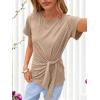 imageANRABESS Womens Tops Summer Short Sleeve Crewneck Tie Waist Shirts Dressy Casual Blouse Tee 2026 Business Work Trendy ClothesLight Tan