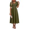 imageANRABESS Women Summer Casual Puff Short Sleeve Square Neck Smocked Button Up High Waist Flowy Vacation Midi Dresses amp PocketsArmy Green
