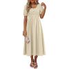 imageANRABESS Women Summer Casual Puff Short Sleeve Square Neck Smocked Button Up High Waist Flowy Vacation Midi Dresses amp PocketsBeige