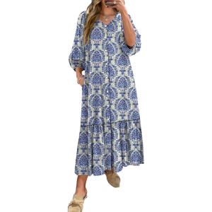 imageANRABESS Boho Maxi Dresses for Women Summer Puff Sleeve V Neck Flowy Long Casual Dress with Pockets 2026 Vacation ClothesFloral Blue Khaki