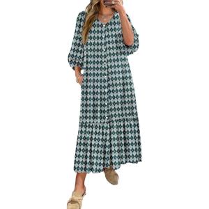 imageANRABESS Boho Maxi Dresses for Women Summer Puff Sleeve V Neck Flowy Long Casual Dress with Pockets 2026 Vacation ClothesFloral Dark Green