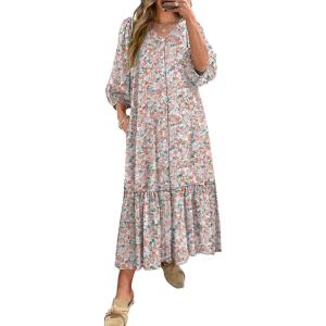 imageANRABESS Boho Maxi Dresses for Women Summer Puff Sleeve V Neck Flowy Long Casual Dress with Pockets 2026 Vacation ClothesFloral Orange White