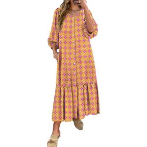 imageANRABESS Boho Maxi Dresses for Women Summer Puff Sleeve V Neck Flowy Long Casual Dress with Pockets 2026 Vacation ClothesFloral Purple Yellow