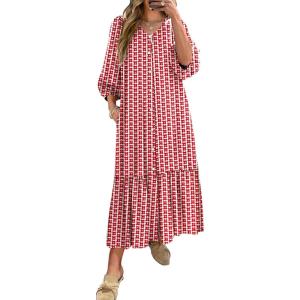 imageANRABESS Boho Maxi Dresses for Women Summer Puff Sleeve V Neck Flowy Long Casual Dress with Pockets 2026 Vacation ClothesFloral Red