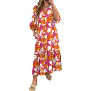 imageANRABESS Boho Maxi Dresses for Women Summer Puff Sleeve V Neck Flowy Long Casual Dress with Pockets 2026 Vacation ClothesFloral Red White