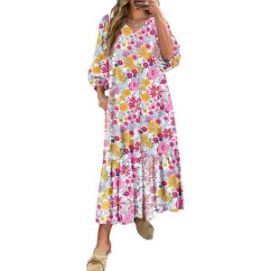 imageANRABESS Boho Maxi Dresses for Women Summer Puff Sleeve V Neck Flowy Long Casual Dress with Pockets 2026 Vacation ClothesFloral Yellow Pink