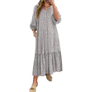 imageANRABESS Boho Maxi Dresses for Women Summer Puff Sleeve V Neck Flowy Long Casual Dress with Pockets 2026 Vacation ClothesKhaki Polka Dot Gray