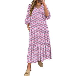 imageANRABESS Boho Maxi Dresses for Women Summer Puff Sleeve V Neck Flowy Long Casual Dress with Pockets 2026 Vacation ClothesLeaves Hot Pink