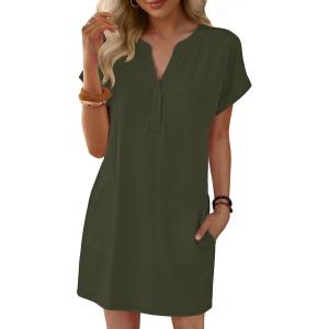 imageANRABESS Summer Dresses for Women Casual V Neck Short Sleeve Mini Tshirt Dress 2026 Loose Fit Beach Vacation Shift SundressArmy Green