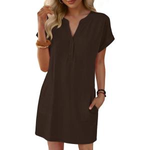 imageANRABESS Summer Dresses for Women Casual V Neck Short Sleeve Mini Tshirt Dress 2026 Loose Fit Beach Vacation Shift SundressCoffee