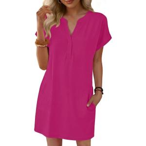 imageANRABESS Summer Dresses for Women Casual V Neck Short Sleeve Mini Tshirt Dress 2026 Loose Fit Beach Vacation Shift SundressHot Pink