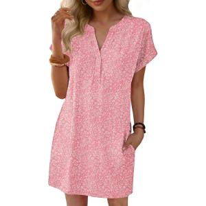 imageANRABESS Summer Dresses for Women Casual V Neck Short Sleeve Mini Tshirt Dress 2026 Loose Fit Beach Vacation Shift SundressPink Floral