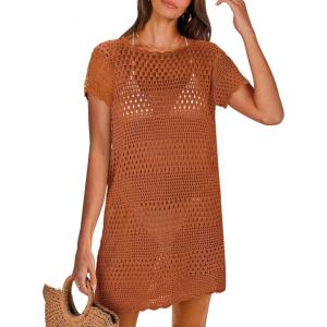 imageANRABESS Swimsuit Cover Up for Women 2026 Crochet Bathing Suit Swimwear Mesh Knit Beach Dress Summer Vacation ClothesRust