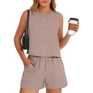 imageANRABESS Two Piece Sets for Women Summer Casual Sleeveless Tank Top Matching Shorts Lounge Sets Pajamas 2026 Trendy ClothesLight Camel