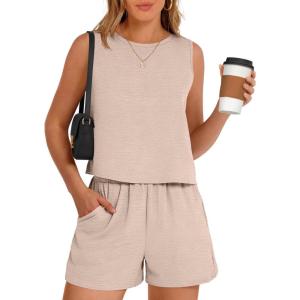 imageANRABESS Two Piece Sets for Women Summer Casual Sleeveless Tank Top Matching Shorts Lounge Sets Pajamas 2026 Trendy ClothesParchment