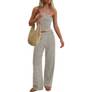 imageANRABESS Women 2 Piece Sets Summer Striped Outfits Matching Tube Top Wide Leg Lounge Pants 2026 Travel Beach Vacation ClothesBeige Black Stripe
