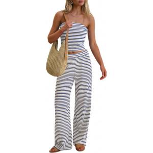 imageANRABESS Women 2 Piece Sets Summer Striped Outfits Matching Tube Top Wide Leg Lounge Pants 2026 Travel Beach Vacation ClothesBeige Blue Stripe