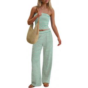 imageANRABESS Women 2 Piece Sets Summer Striped Outfits Matching Tube Top Wide Leg Lounge Pants 2026 Travel Beach Vacation ClothesBeige Green Stripe