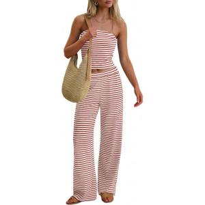 imageANRABESS Women 2 Piece Sets Summer Striped Outfits Matching Tube Top Wide Leg Lounge Pants 2026 Travel Beach Vacation ClothesBeige Red Stripe