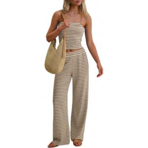 imageANRABESS Women 2 Piece Sets Summer Striped Outfits Matching Tube Top Wide Leg Lounge Pants 2026 Travel Beach Vacation ClothesBrown White Stripe