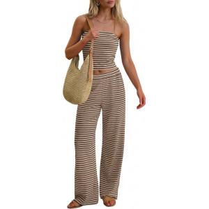 imageANRABESS Women 2 Piece Sets Summer Striped Outfits Matching Tube Top Wide Leg Lounge Pants 2026 Travel Beach Vacation ClothesKhaki Coffee Stripe