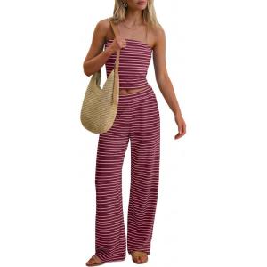 imageANRABESS Women 2 Piece Sets Summer Striped Outfits Matching Tube Top Wide Leg Lounge Pants 2026 Travel Beach Vacation ClothesWine Red Pink Stripe