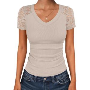imageANRABESS Women Short Sleeve V Neck Lace Shirts Ribbed Knit Fitted Basic Tee Top 2026 Summer Casual TShirts Going Out OutfitsBeige