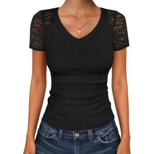 imageANRABESS Women Short Sleeve V Neck Lace Shirts Ribbed Knit Fitted Basic Tee Top 2026 Summer Casual TShirts Going Out OutfitsBlack