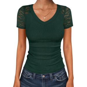imageANRABESS Women Short Sleeve V Neck Lace Shirts Ribbed Knit Fitted Basic Tee Top 2026 Summer Casual TShirts Going Out OutfitsDeep Green