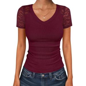 imageANRABESS Women Short Sleeve V Neck Lace Shirts Ribbed Knit Fitted Basic Tee Top 2026 Summer Casual TShirts Going Out OutfitsDeep Red
