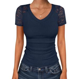 imageANRABESS Women Short Sleeve V Neck Lace Shirts Ribbed Knit Fitted Basic Tee Top 2026 Summer Casual TShirts Going Out OutfitsNavy Blue