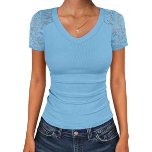 imageANRABESS Women Short Sleeve V Neck Lace Shirts Ribbed Knit Fitted Basic Tee Top 2026 Summer Casual TShirts Going Out OutfitsSky Blue